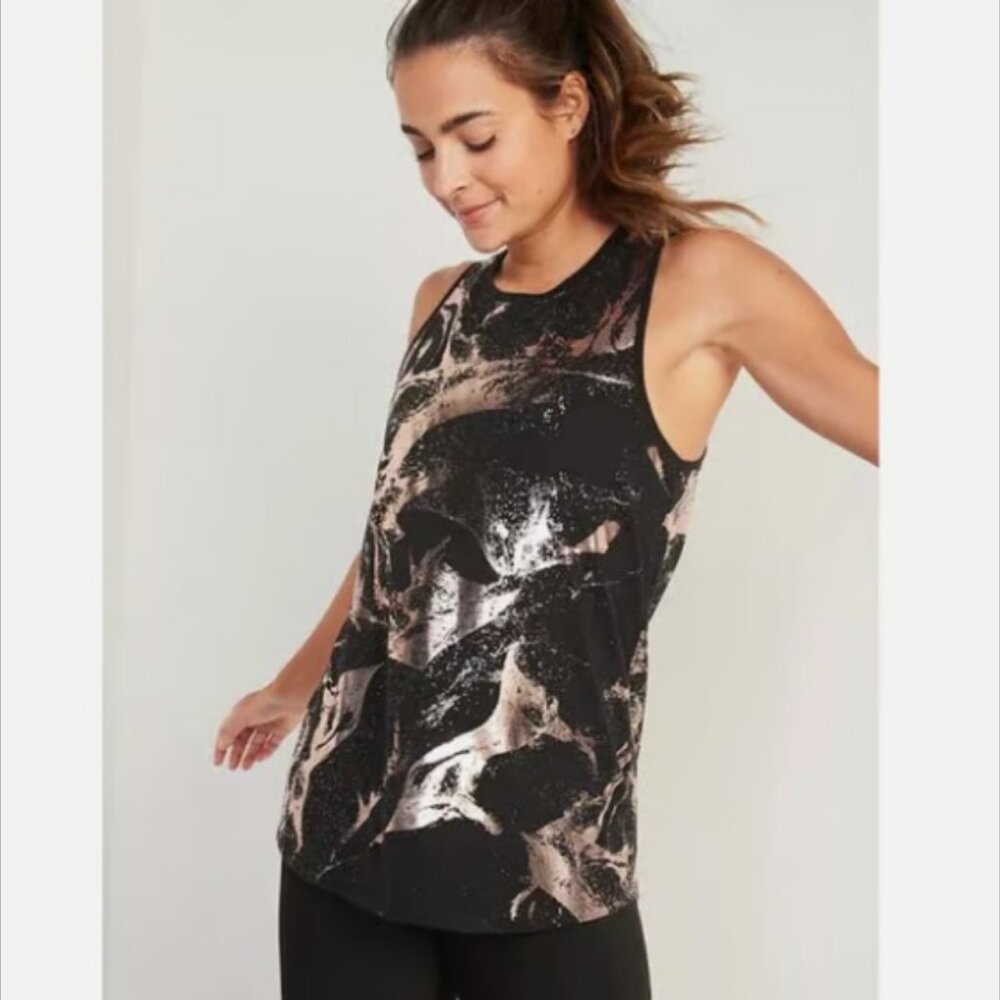 NWT Old Navy Active Go-Dry Performance Tank Top Black Rose Gold Foil Women M
